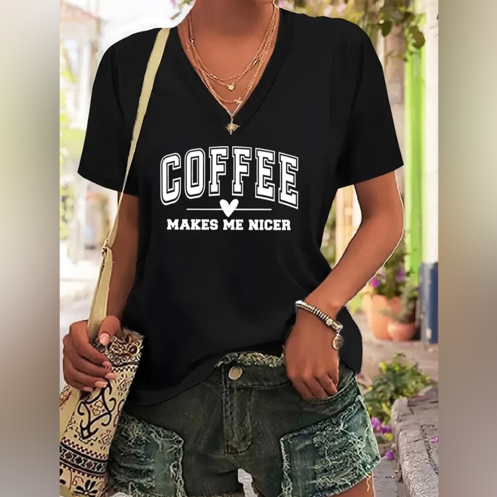 Women’s Coffee Makes Me Nicer Black & White Graphic V-Neck TShirt. Various Sizes